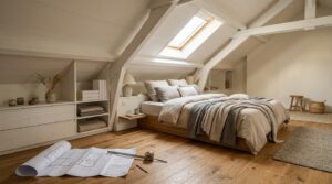 Chambre sous combles avec lit bas sous pente et rangements intégrés blancs