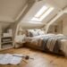 Chambre sous combles avec lit bas sous pente et rangements intégrés blancs