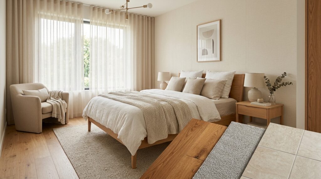 Échantillons de parquet chêne, moquette grise et carrelage céramique dans une chambre moderne