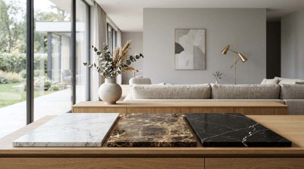 Comment choisir un plateau de table en marbre sur mesure ? Plusieurs plateaux de table en marbre blanc Carrara, brun et noir aux veinures naturelles