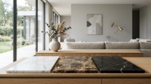 Plusieurs plateaux de table en marbre blanc Carrara, brun et noir aux veinures naturelles