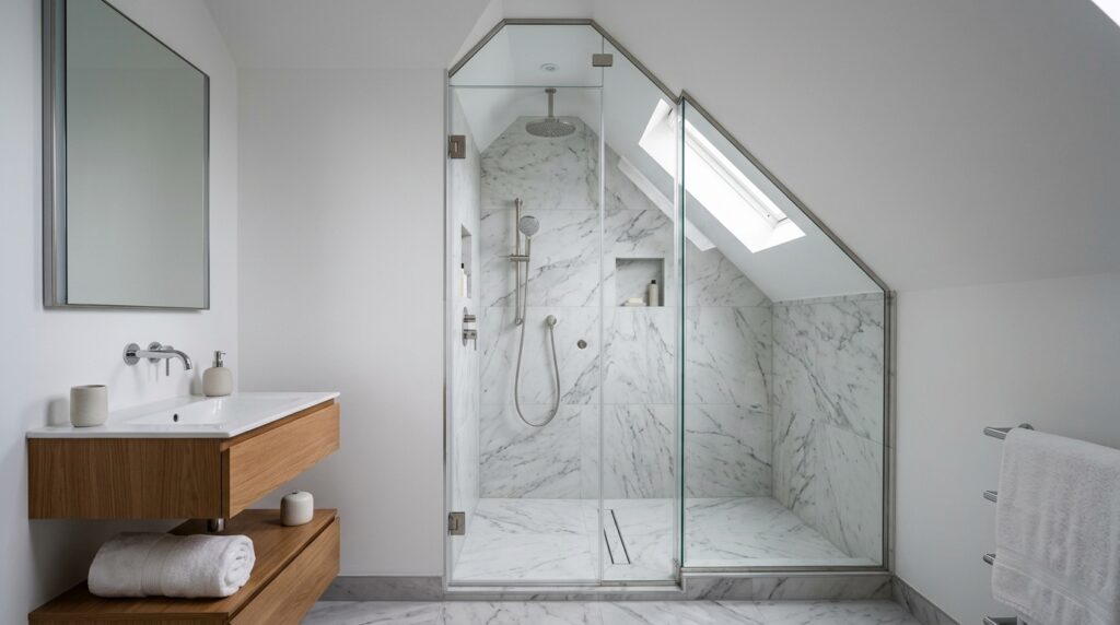 Comment installer une douche sur mesure sous une pente de combles ? douche à l'italienne sur mesure installée sous un plafond en pente de combles