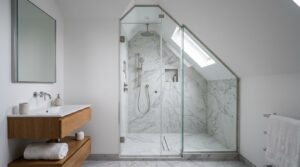 douche à l'italienne sur mesure installée sous un plafond en pente de combles