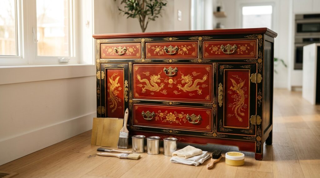Comment rénover une commode chinoise ? Commode chinoise restaurée laquée rouge et noir avec motifs dorés de dragons