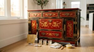 Commode chinoise restaurée laquée rouge et noir avec motifs dorés de dragons