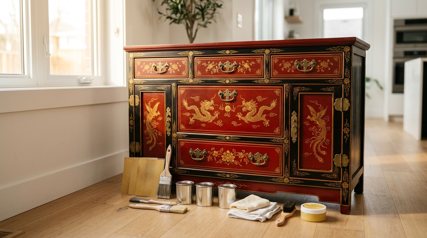 Commode chinoise restaurée laquée rouge et noir avec motifs dorés de dragons