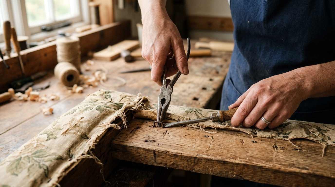 Mains retirant un ancien tissu de canapé avec une pince et un tournevis plat Mains retirant un ancien tissu de canapé avec une pince et un tournevis plat