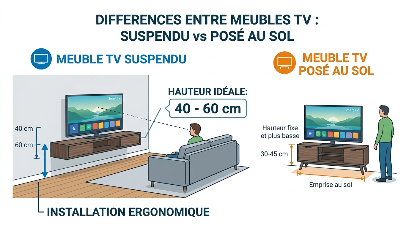 Hauteur idéale meuble télé suspendu et différence meuble TV au sol Hauteur idéale meuble télé suspendu et différence meuble TV au sol