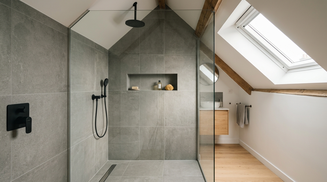 Douche sous pente avec paroi en verre et niche murale carrelée en gris Douche sous pente avec paroi en verre et niche murale carrelée en gris