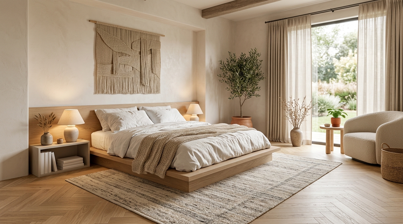 Chambre moderne avec parquet chêne en chevrons et tapis neutre sous lit plateforme blanc