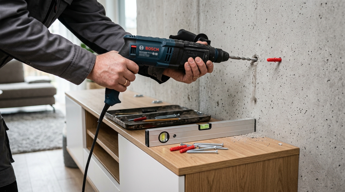 Installateur vissant des chevilles dans un mur en béton pour fixer un meuble TV flottant Installateur vissant des chevilles dans un mur en béton pour fixer un meuble TV flottant