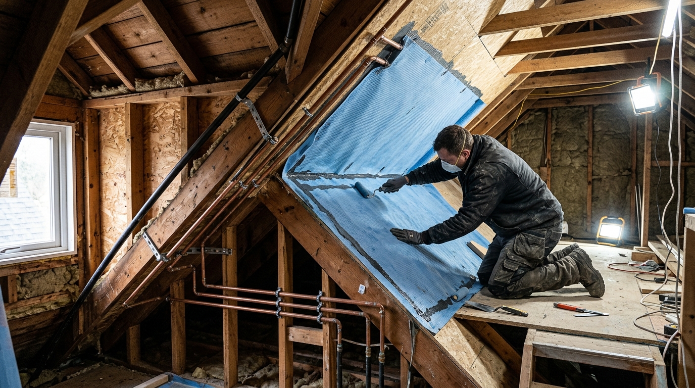 Membrane d'étanchéité appliquée sur mur incliné de douche en cours de construction sous combles Membrane d'étanchéité appliquée sur mur incliné de douche en cours de construction sous combles