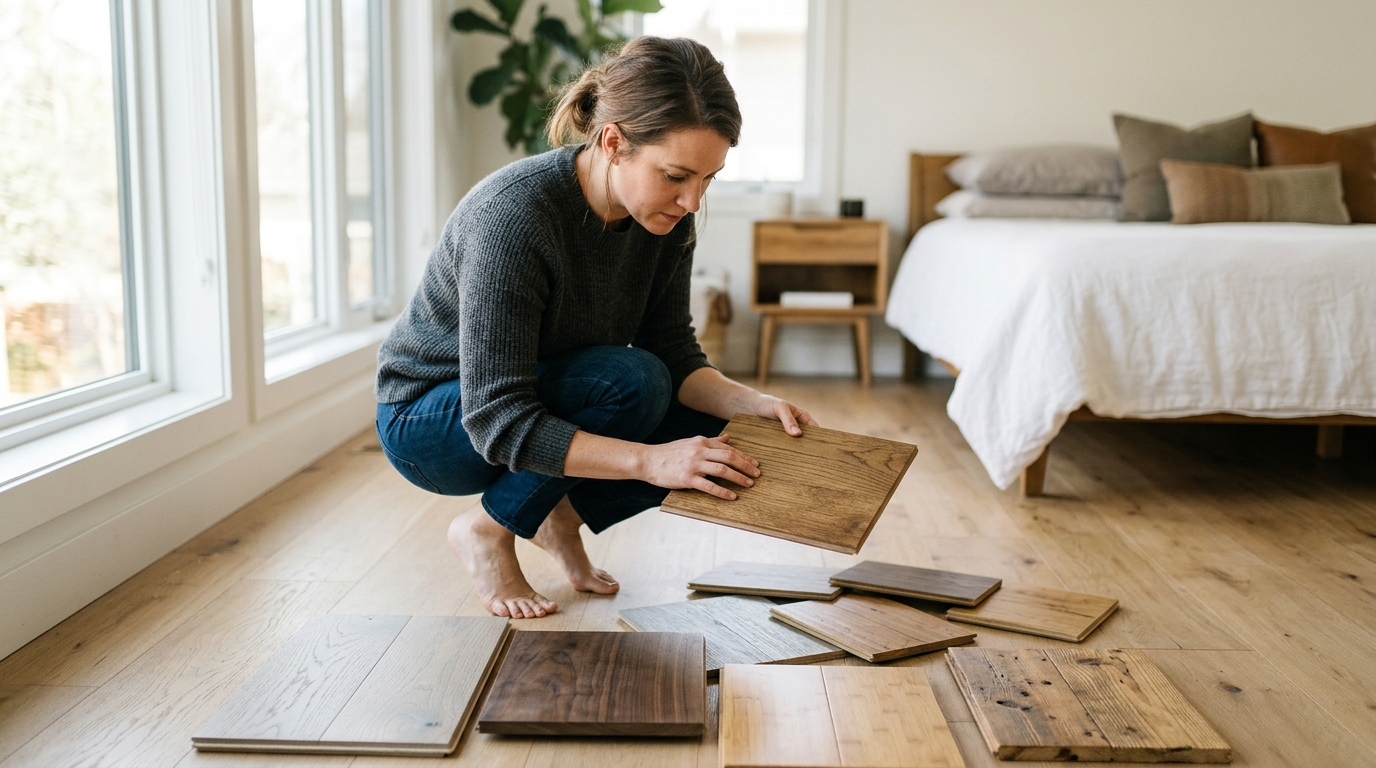 Personne accroupie examinant des échantillons de parquet en bois dans une chambre lumineuse