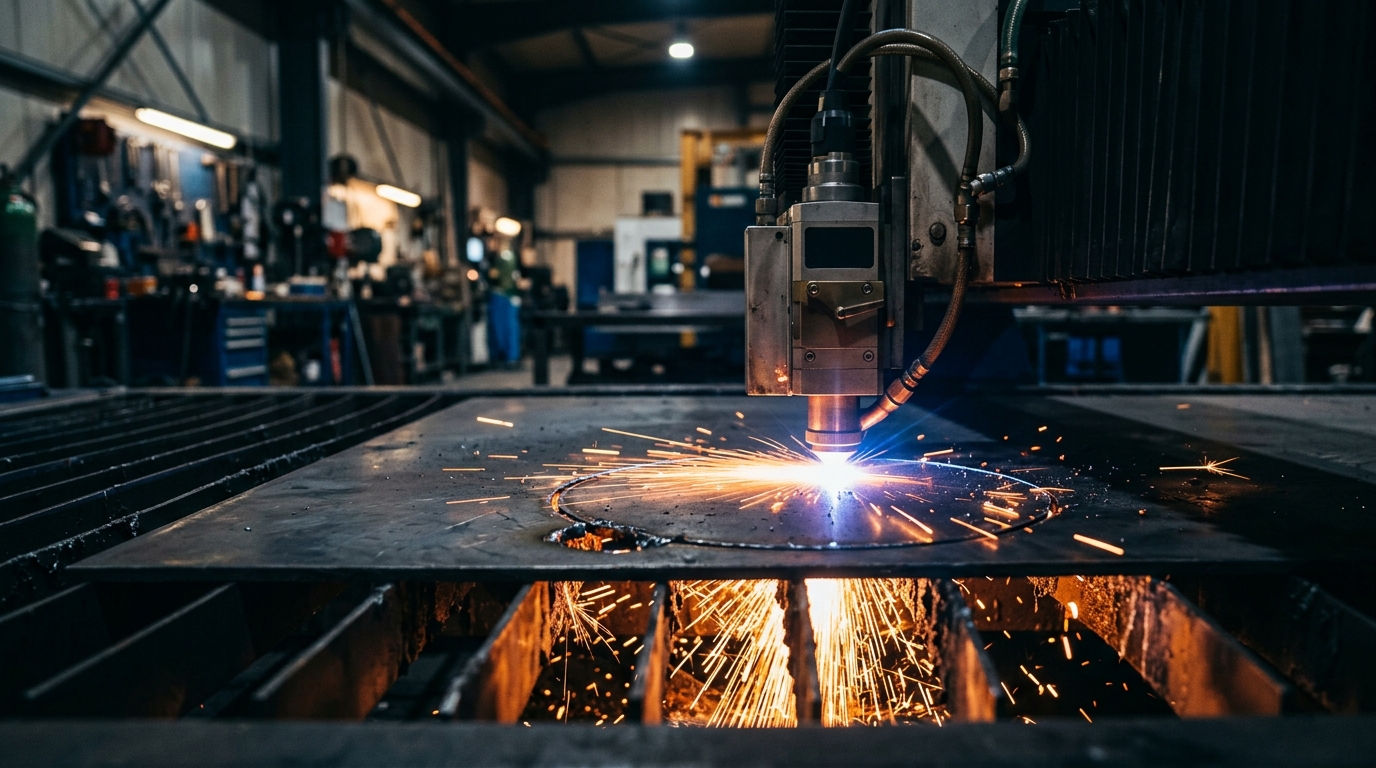Machine laser industrielle découpant une tôle métallique avec faisceau lumineux et étincelles Machine laser industrielle découpant une tôle métallique avec faisceau lumineux et étincelles