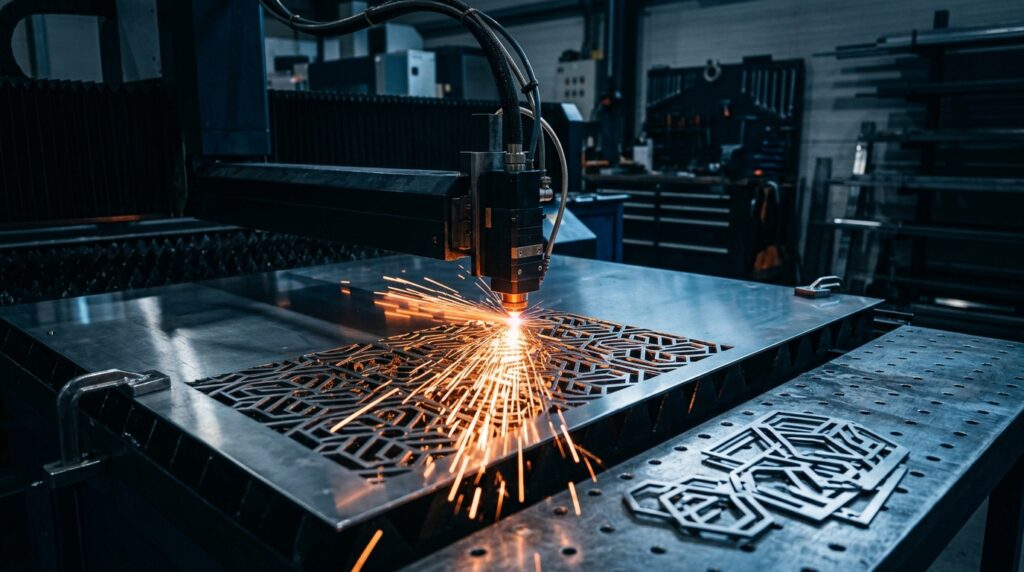Découpe laser : comment créer ses objets déco grâce à de la tôle sur mesure ? Machine à découpe laser découpant des motifs sur mesure dans une tôle en acier inoxydable