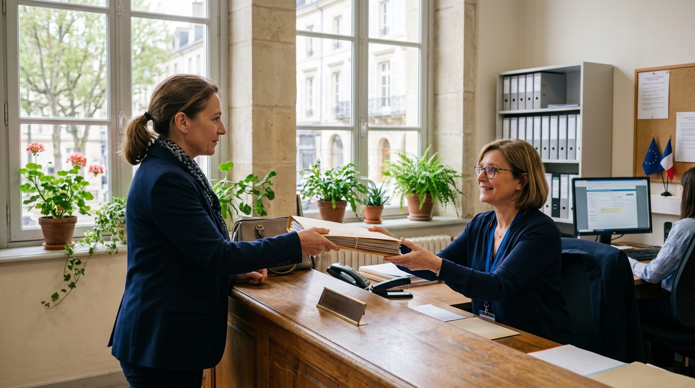 Personne remettant un dossier de documents pour une demande d'autorisation à un agent municipal au guichet d'une mairie Personne remettant un dossier de documents pour une demande d'autorisation à un agent municipal au guichet d'une mairie
