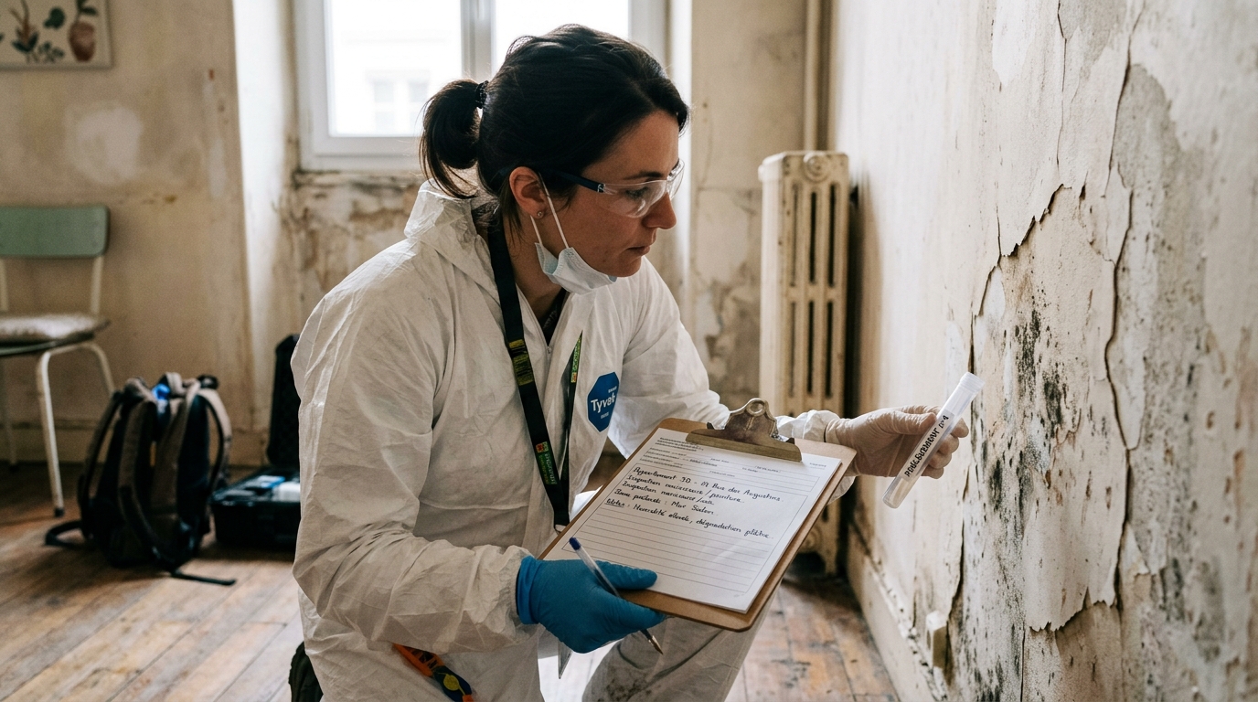 Inspecteur professionnel en équipement de protection contre l'amiante analysant un mur dans un ancien appartement