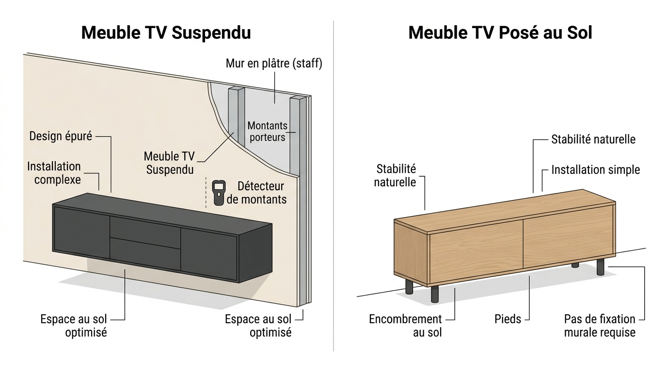 Praticité d'un meuble TV suspendu comparé à un meuble au sol Avantages et inconvénients pratiques entre meuble TV suspendu et posé