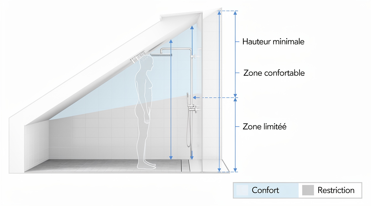Schéma en coupe d'une douche sous pente avec silhouette humaine et zones de hauteur Schéma en coupe d'une douche sous pente avec silhouette humaine et zones de hauteur