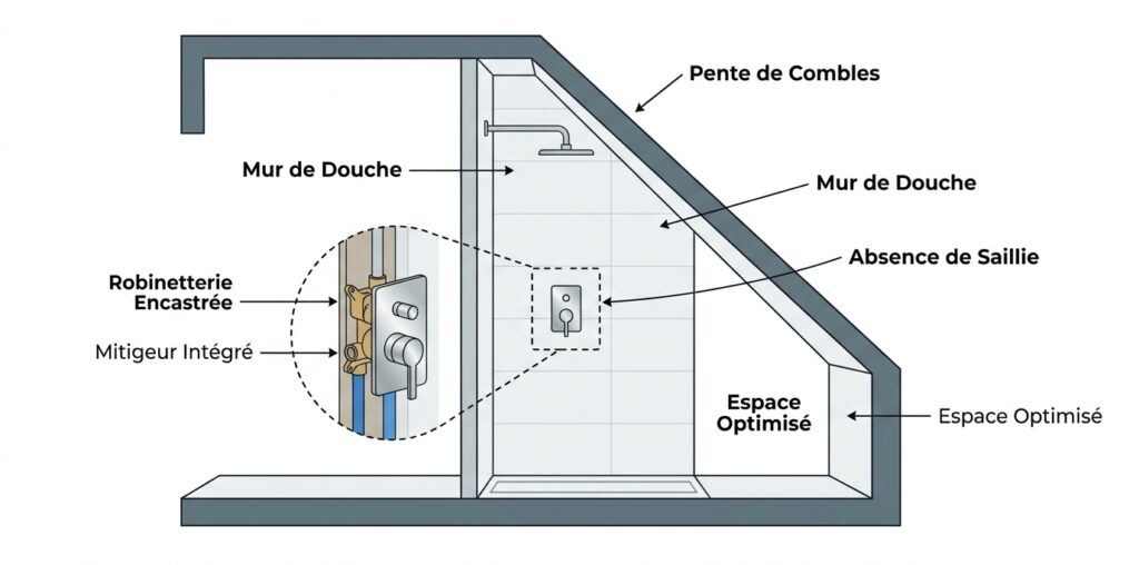 Robinetterie de douche sur mesure encastrée sous pente de combles Robinetterie de douche sur mesure encastrée sous pente de combles