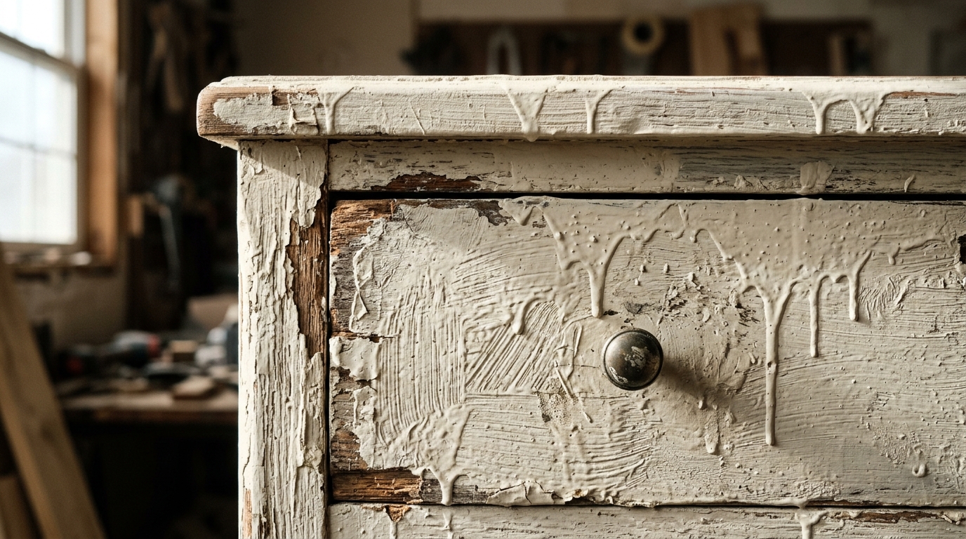 Commode en bois mal renovée avec traces de pinceau, coulures et finition inégale Commode en bois mal renovée avec traces de pinceau, coulures et finition inégale