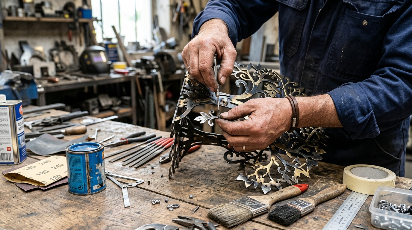 Mains d'artisan assemblant une pièce métallique découpée au laser sur un établi de travail