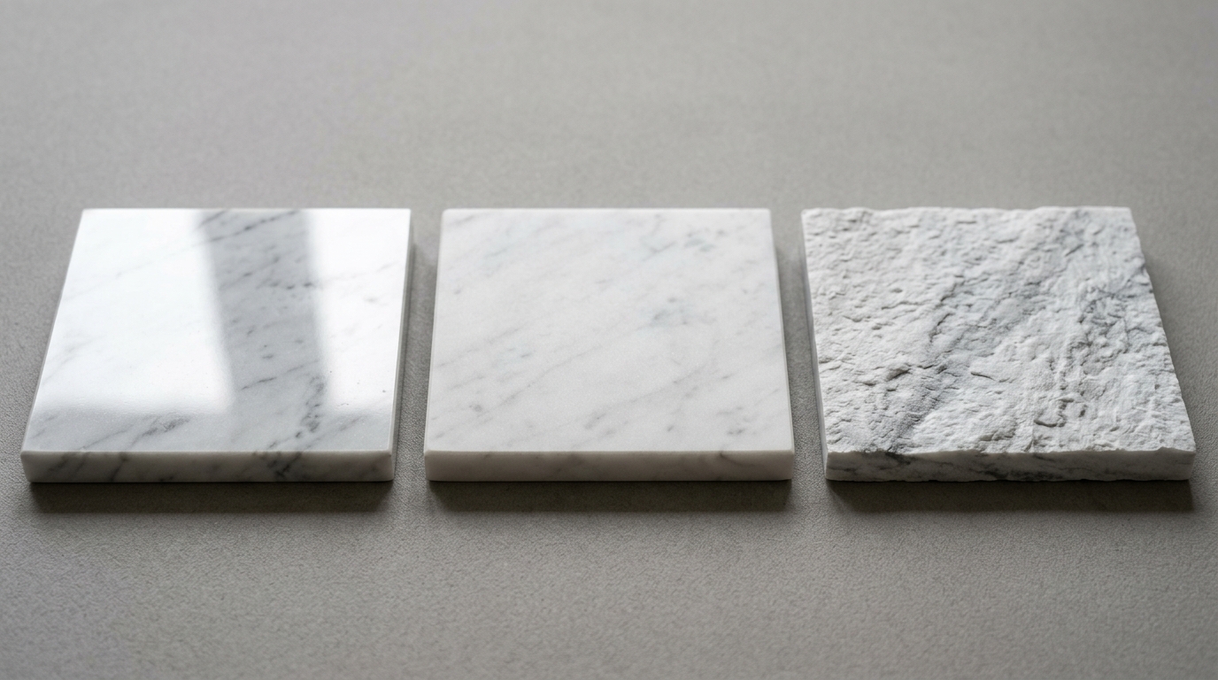 Trois finitions de marbre blanc Carrara poli brillant mat et brossé comparées côte à côte Trois finitions de marbre blanc Carrara poli brillant mat et brossé comparées côte à côte