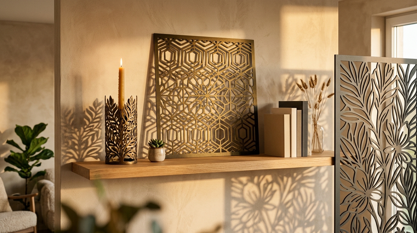 Étagère moderne avec objets déco en tôle découpée au laser et ombres géométriques Étagère moderne avec objets déco en tôle découpée au laser et ombres géométriques