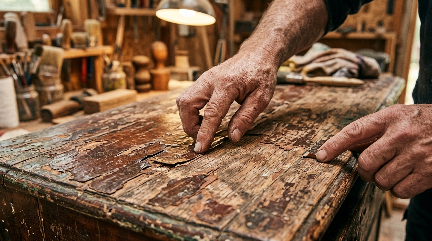 Deux mains examinant la surface d'une commode en bois ancienne avec laque écaillée Deux mains examinant la surface d'une commode en bois ancienne avec laque écaillée