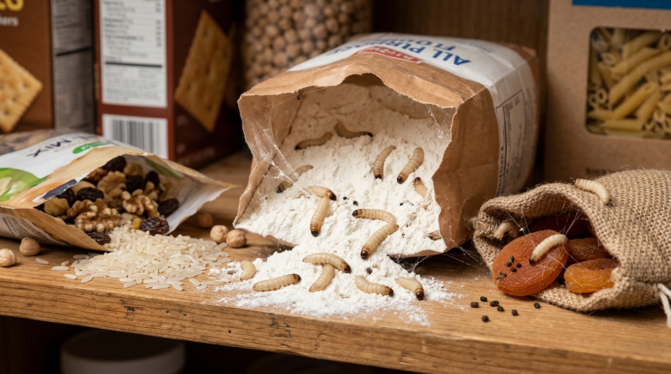 La Plodia interpunctella est une mite alimentaire très courante dans les cuisines : ses larves se développent dans la farine La Plodia interpunctella est une mite alimentaire dans la farine