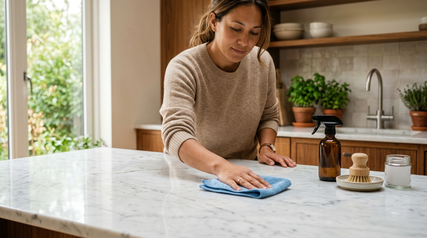 Personne essuyant délicatement une table en marbre blanc avec un chiffon microfibre Personne essuyant délicatement une table en marbre blanc avec un chiffon microfibre