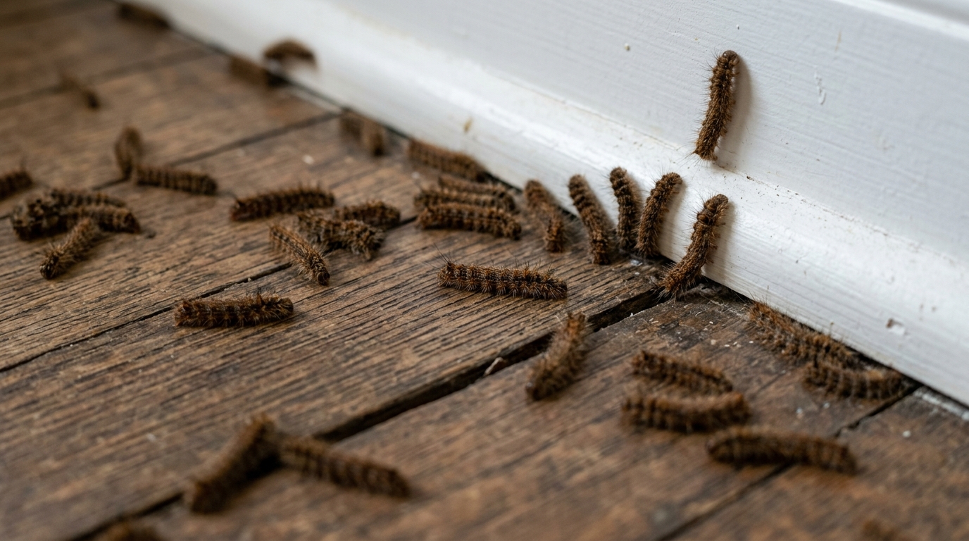 Les chenilles marron observées en intérieur mesurent généralement entr Les chenilles marron observées en intérieur mesurent généralement entre 0,5 cm et 3 cm. Leur corps est allongé, segmenté, et