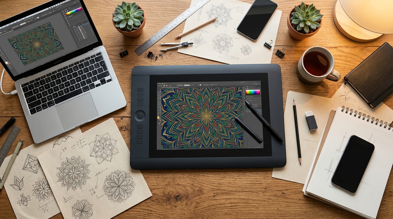 Bureau en bois avec tablette graphique affichant un dessin vectoriel floral géométrique et croquis papier Bureau en bois avec tablette graphique affichant un dessin vectoriel floral géométrique et croquis papier