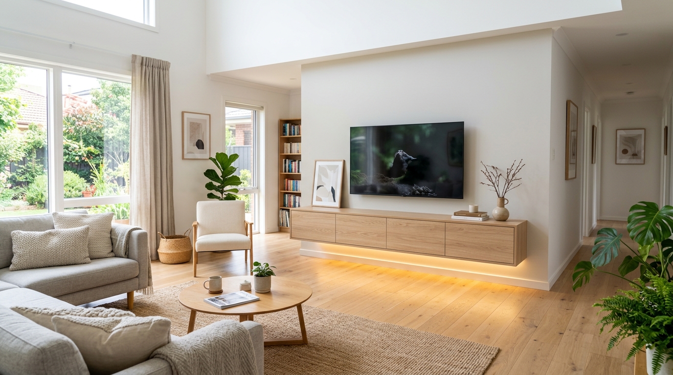 Meuble TV suspendu en chêne clair avec éclairage LED doré dans un salon lumineux Meuble TV suspendu en chêne clair avec éclairage LED doré dans un salon lumineux