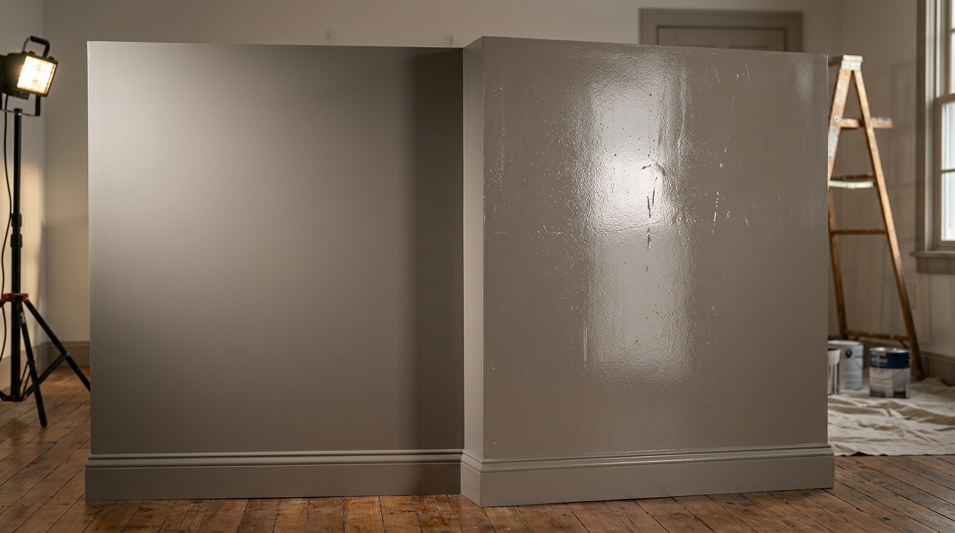 Comparaison mur mat lisse et mur brillant révélant des imperfections sous lumière rasante Comparaison mur mat lisse et mur brillant révélant des imperfections sous lumière rasante
