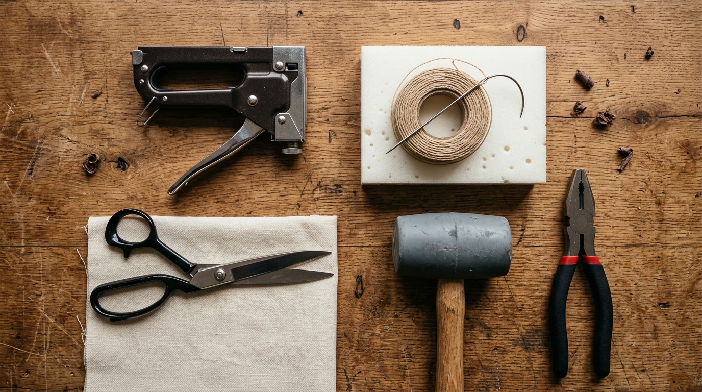 Outils de tapissier disposés sur un établi en bois dont agrafeuse, ciseaux et mousse Outils de tapissier disposés sur un établi en bois dont agrafeuse, ciseaux et mousse