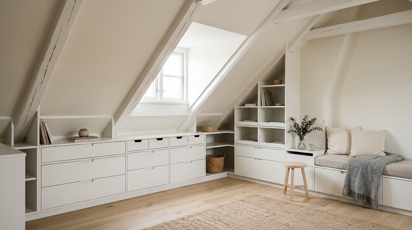 Rangements en bois blanc intégrés sous les pentes d'un grenier aménagé style scandinave Rangements en bois blanc intégrés sous les pentes d'un grenier aménagé style scandinave