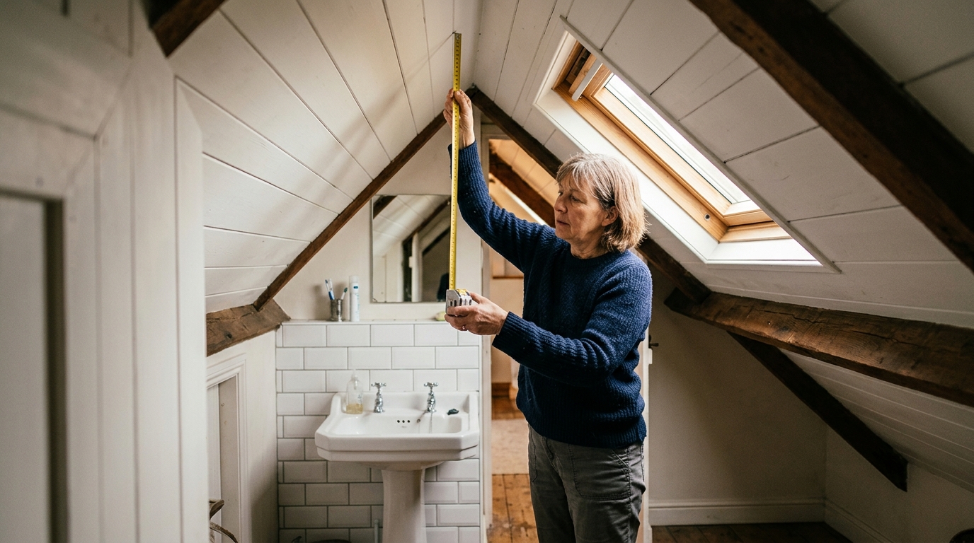 Personne mesurant la hauteur sous pente d'une salle de bain avec un mètre ruban Personne mesurant la hauteur sous pente d'une salle de bain avec un mètre ruban