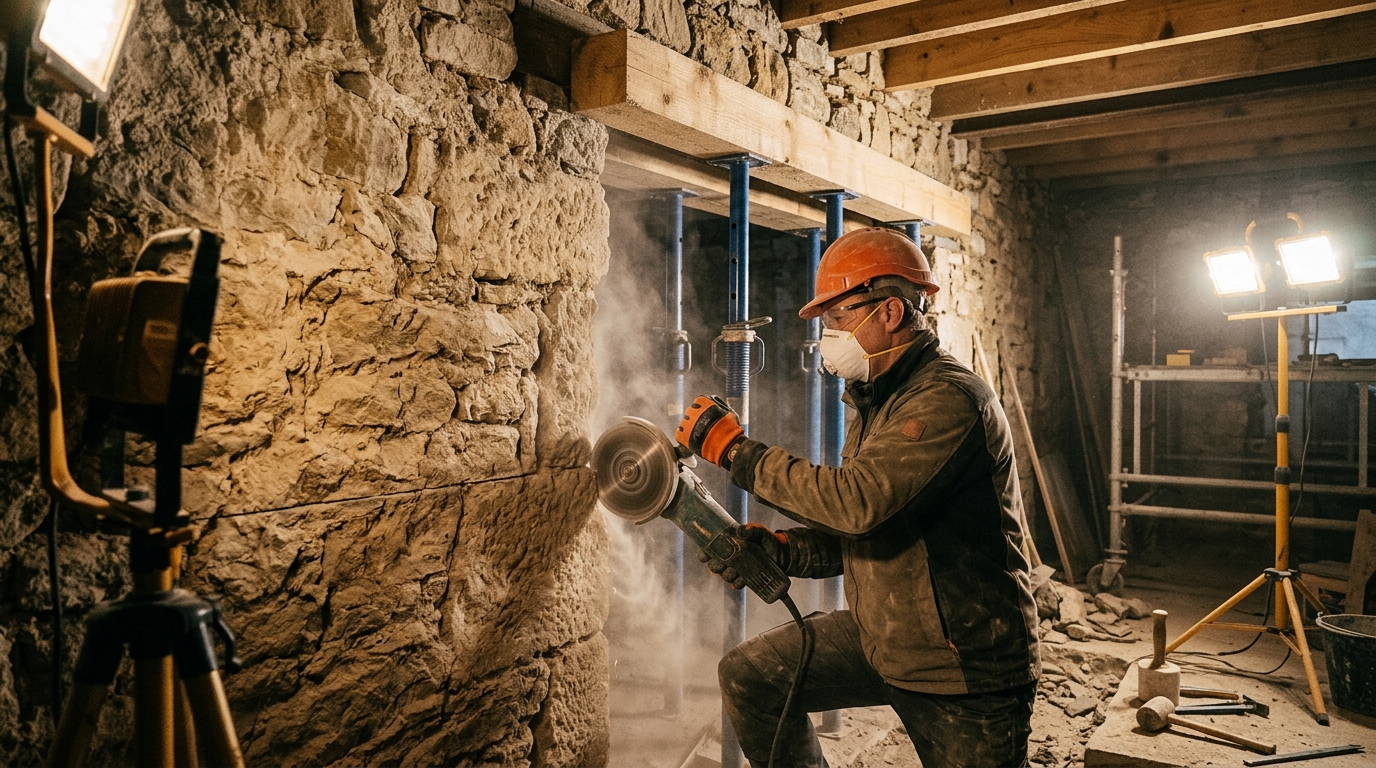 Maçon en équipement de sécurité découpant un mur en pierre avec une meuleuse angulaire