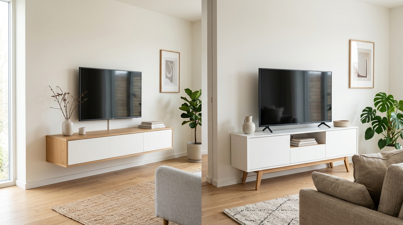 Comparatif meuble TV suspendu blanc à gauche et meuble TV au sol en bois à droite Comparatif meuble TV suspendu blanc à gauche et meuble TV au sol en bois à droite