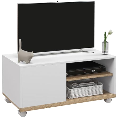 Meuble TV sur Roulettes en Bois Blanc Meuble TV sur Roulettes en Bois Blanc