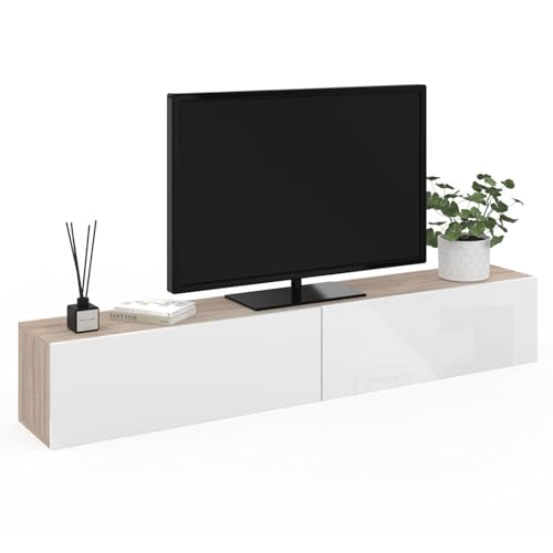 Meuble TV Suspendu Elio en Bois et Blanc Meuble TV Suspendu Elio en Bois et Blanc