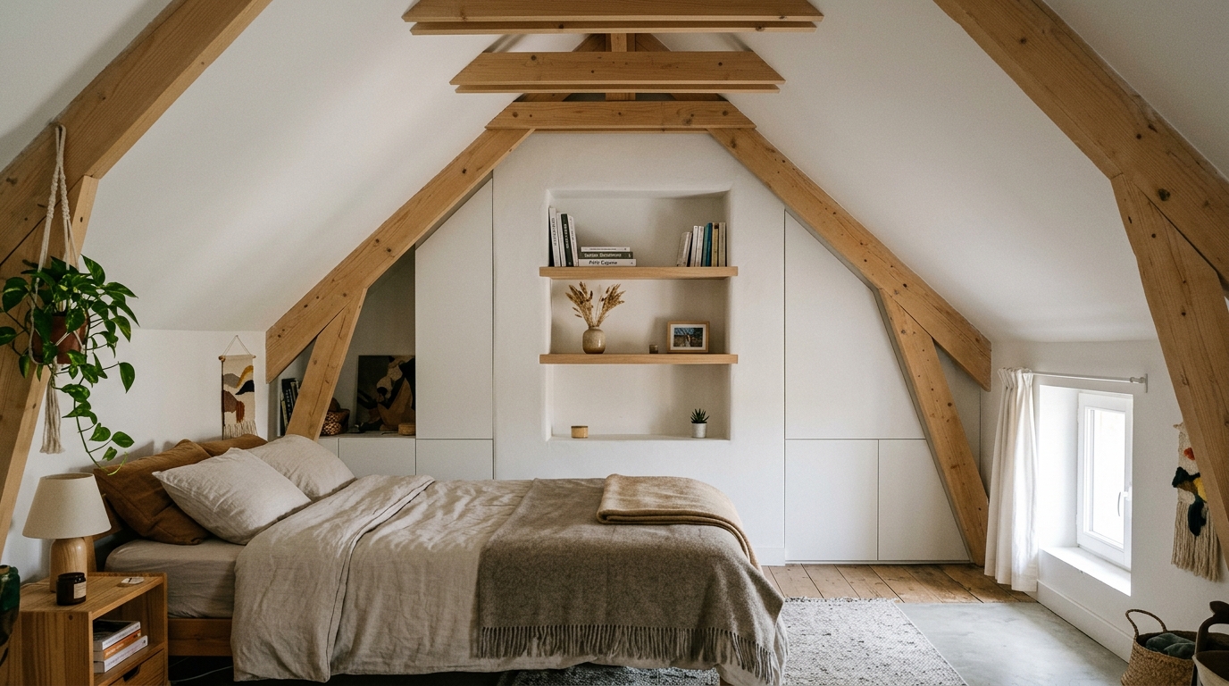 Niche de rangement dans une chambre sous comble Niche de rangement dans une chambre sous comble
