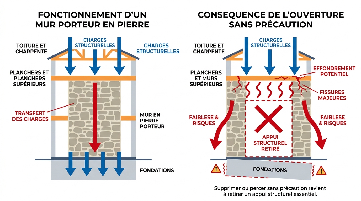 Fonctionnement d'un mur porteur en pierre en rapport avec son ouverture