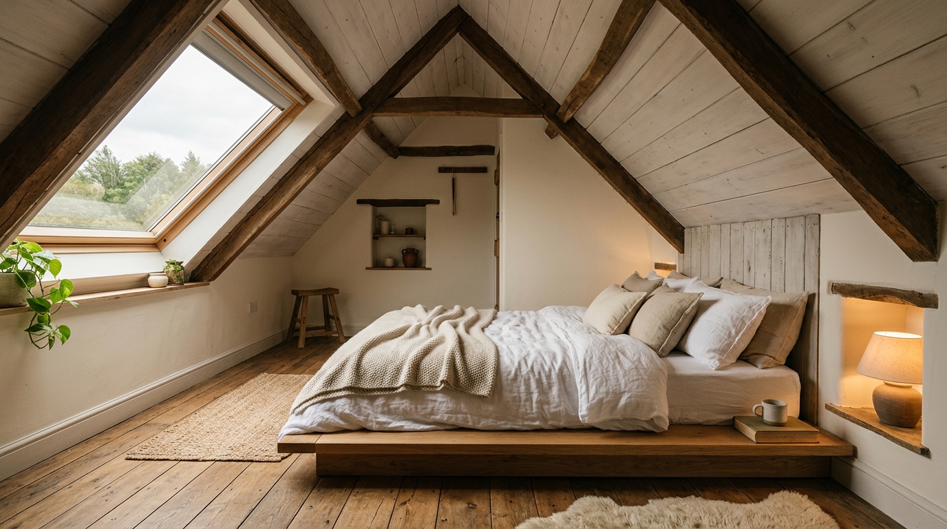 Lit plateforme bas installé sous une pente de toit dans une chambre mansardée en bois Lit plateforme bas installé sous une pente de toit dans une chambre mansardée en bois