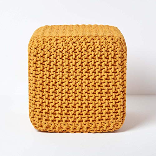 Pouf carré tressé en tricot jaune Pouf carré tressé en tricot jaune