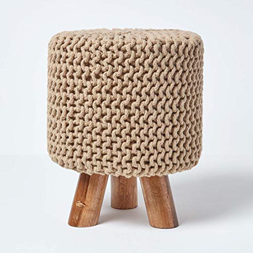 Pouf Tressé en Tricot Beige 32x32 cm Pouf Tressé en Tricot Beige 32x32 cm