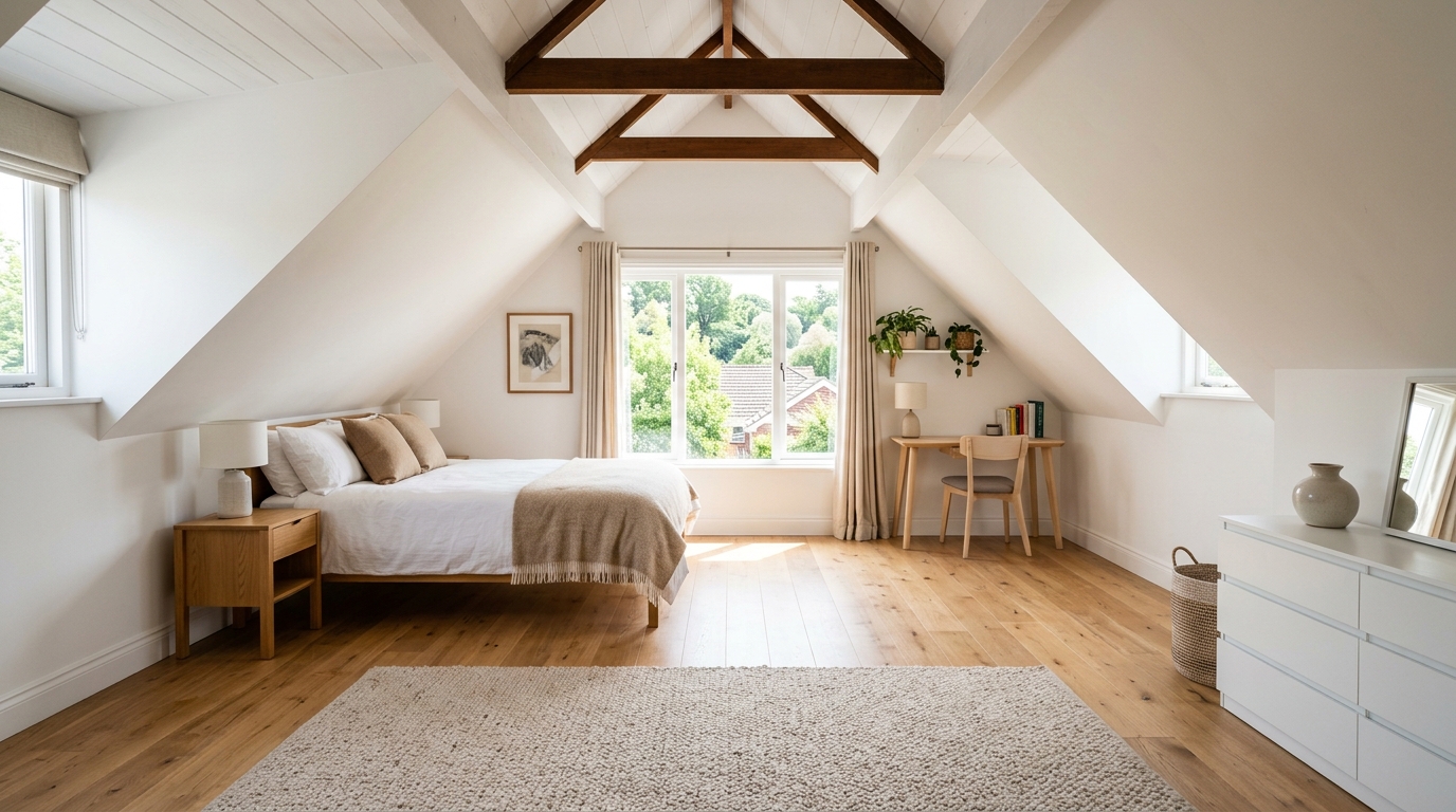 Chambre sous toit mansardée bien organisée avec un espace central dégagé et lumineux Chambre sous toit mansardée bien organisée avec un espace central dégagé et lumineux