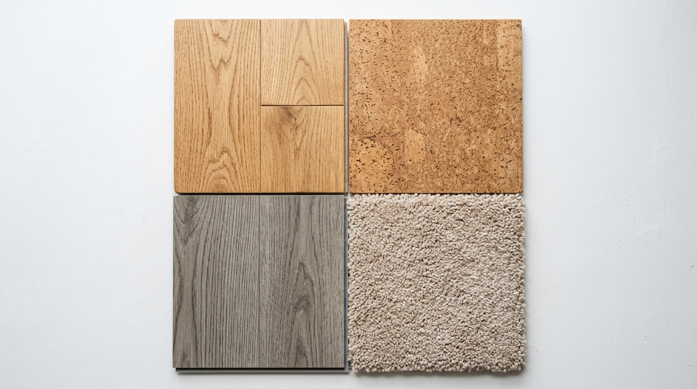 Échantillons de parquet chêne clair, moquette beige, vinyle gris et liège disposés côte à côte