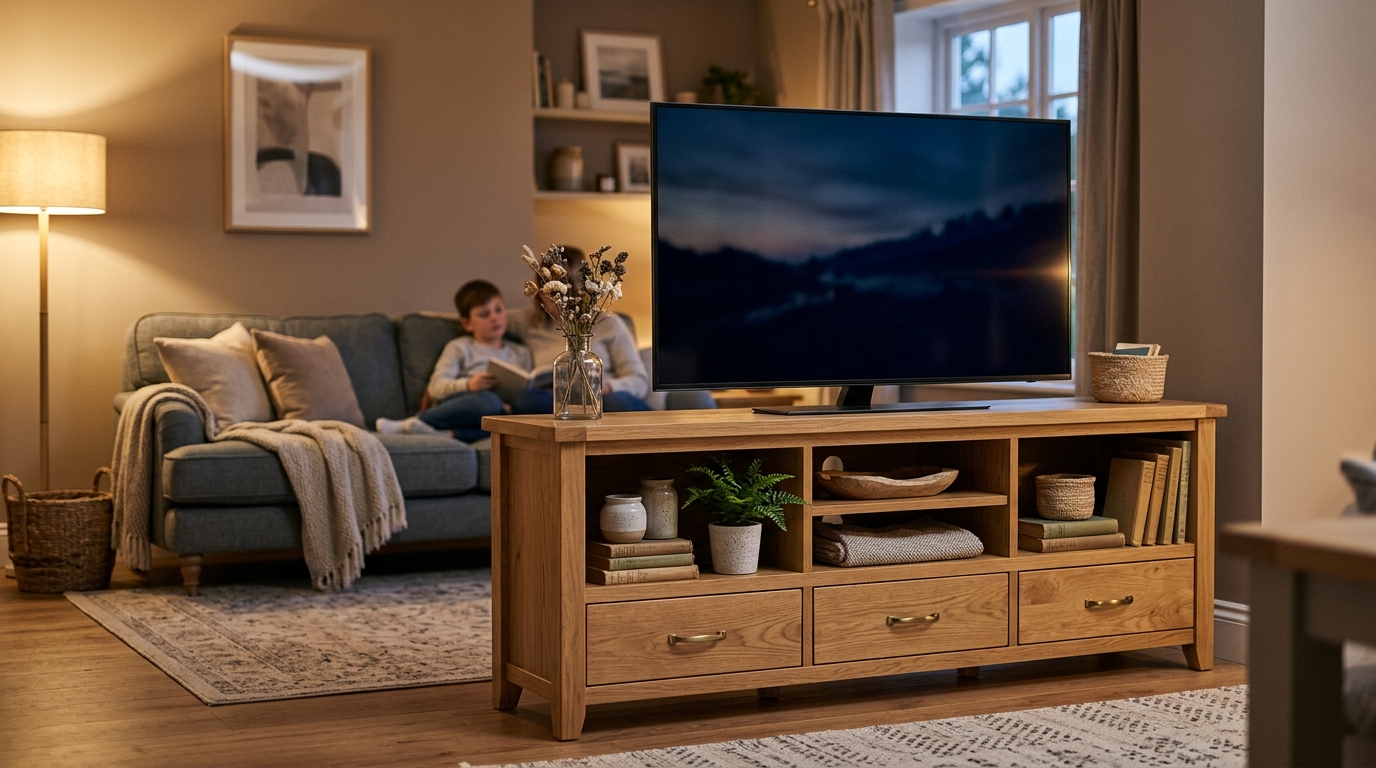 Meuble TV bas avec tiroirs et étagères dans un salon familial chaleureux Meuble TV bas avec tiroirs et étagères dans un salon familial chaleureux